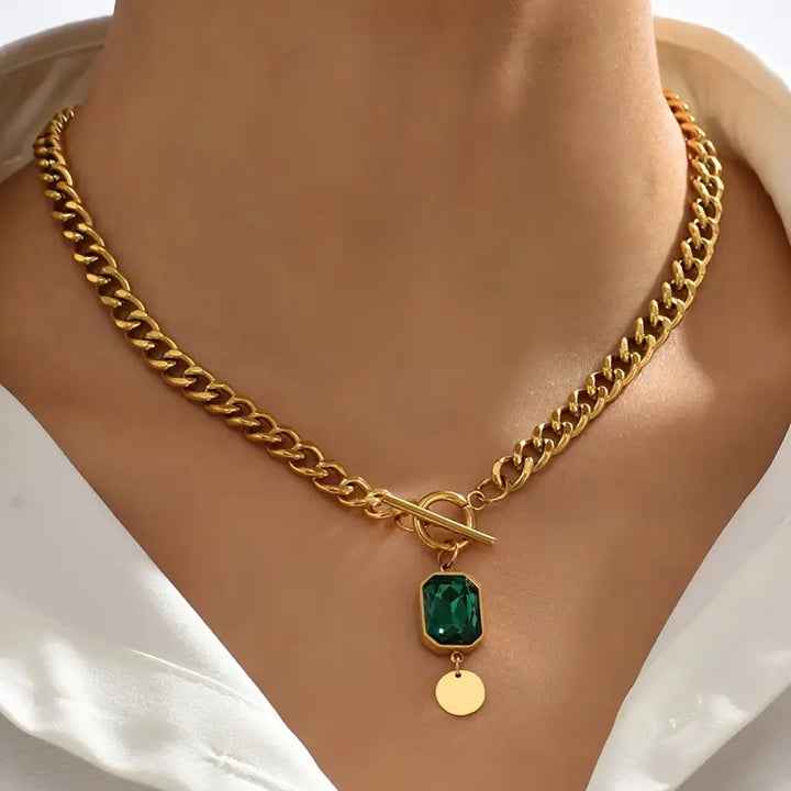 Gold Chain Necklace with Emerald Pendant | Chunky Statement Jewelry