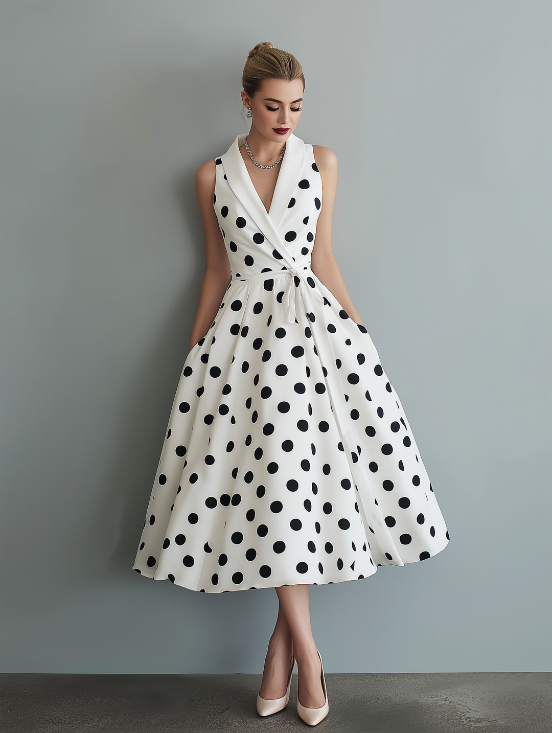 Polka Dot Midi Dress - Sleeveless Collared Work Dress