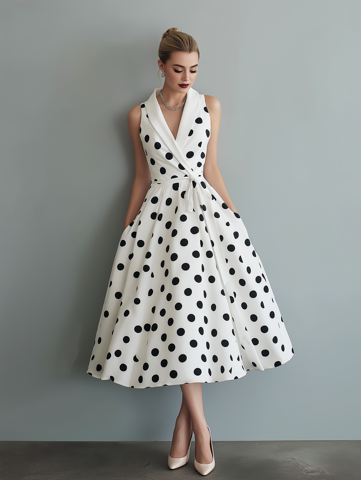 Polka Dot Midi Dress - Sleeveless Collared Work Dress