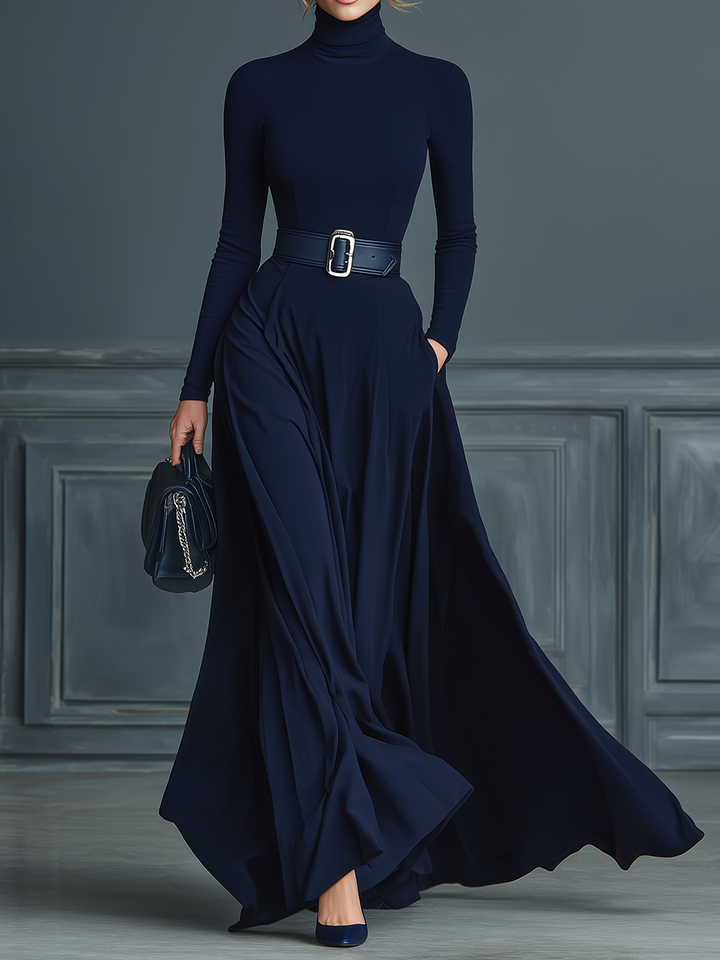 Knitted Maxi Dress High Neck Long Sleeve Dark Blue