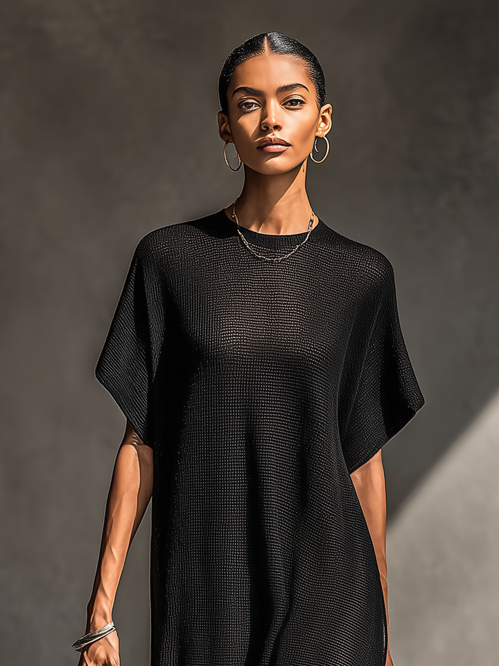 Sheer Knit Maxi Dress for Women Short Sleeve Minimalist