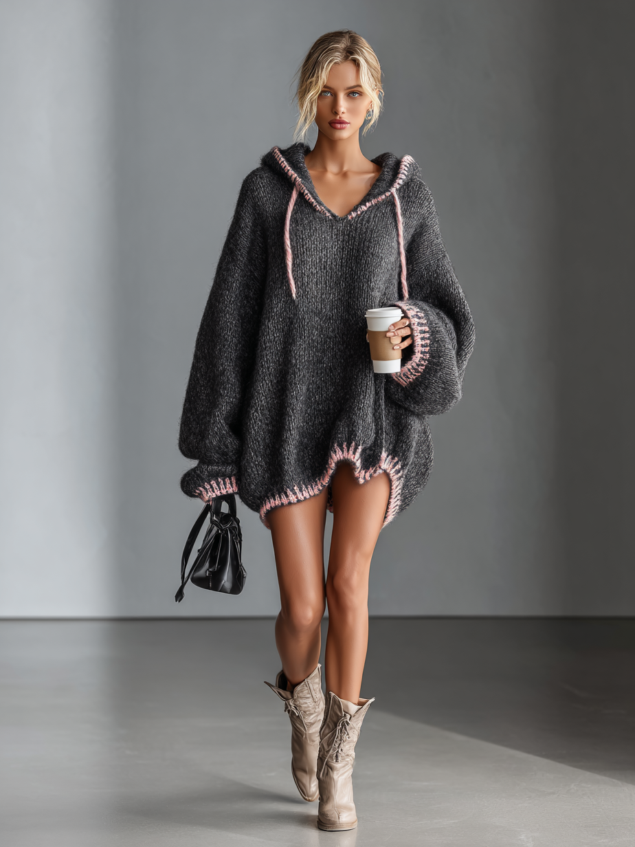Hooded Knit Mini Dress with Contrast Trim