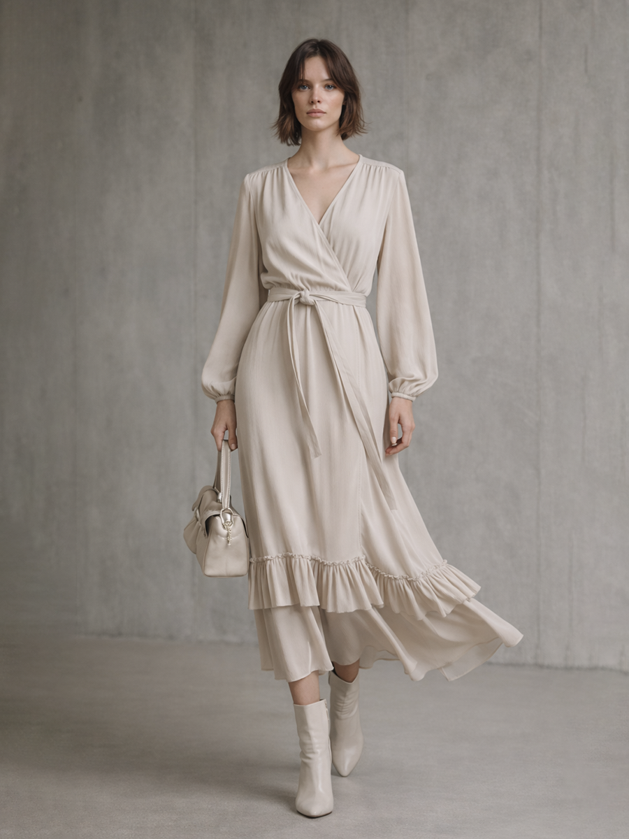 Wrap Midi Dress with Ruffled Hem Long Sleeve