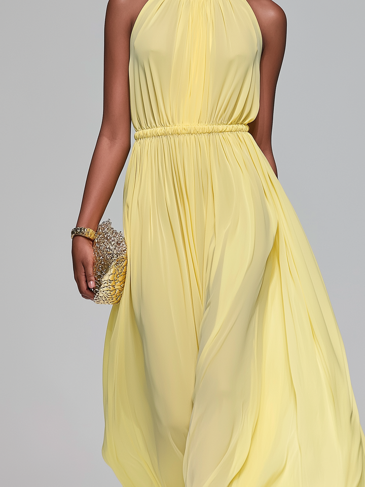 Chiffon Maxi Dress Light Yellow Sleeveless Wedding Guest