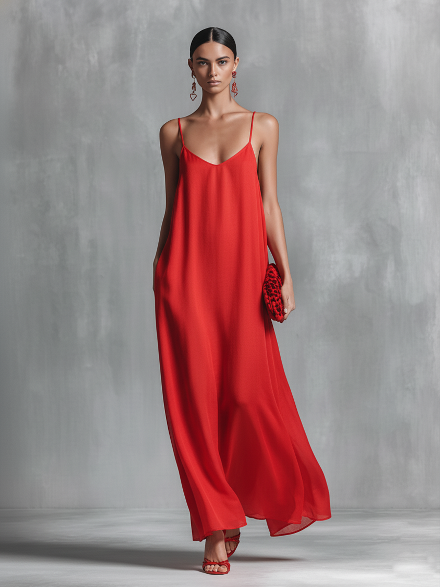 Red Chiffon Maxi Dress V-Neck Spaghetti Strap