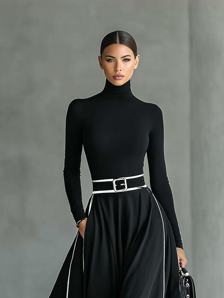 Black Maxi Dress with White Trim and Belted Waist