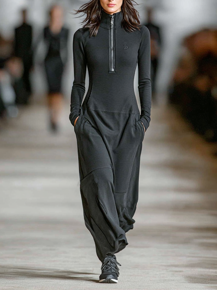 Cotton Maxi Dress with Zipper Collar for Women