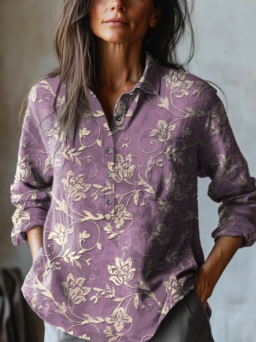 Floral Embroidered Linen Shirt for Women | Elegant Blouse