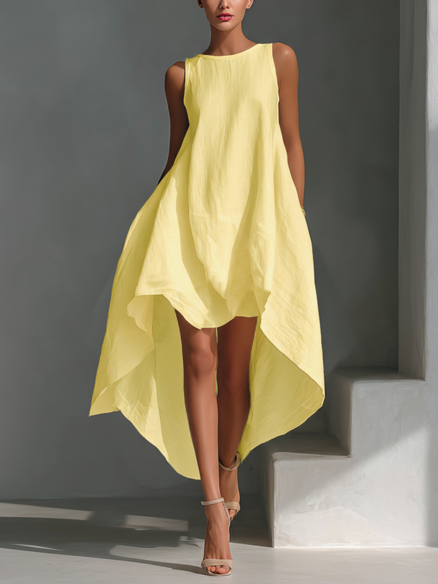 White Linen Midi Dress Sleeveless with Asymmetric Hem