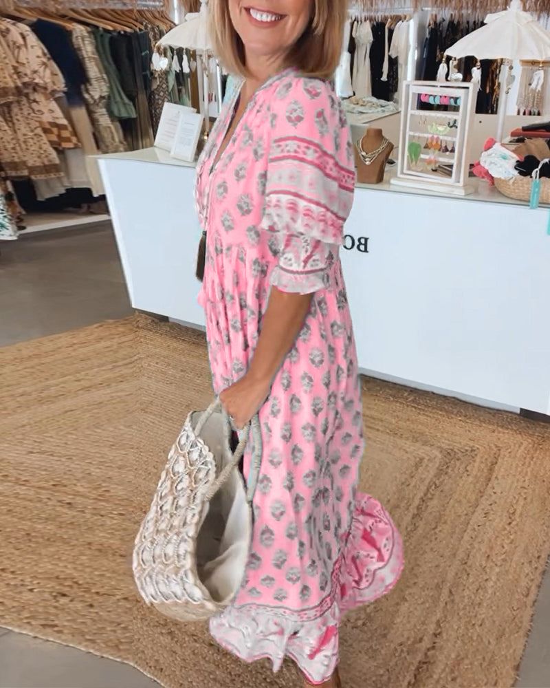 Summer Dress with V Neck and Short Sleeves for Women