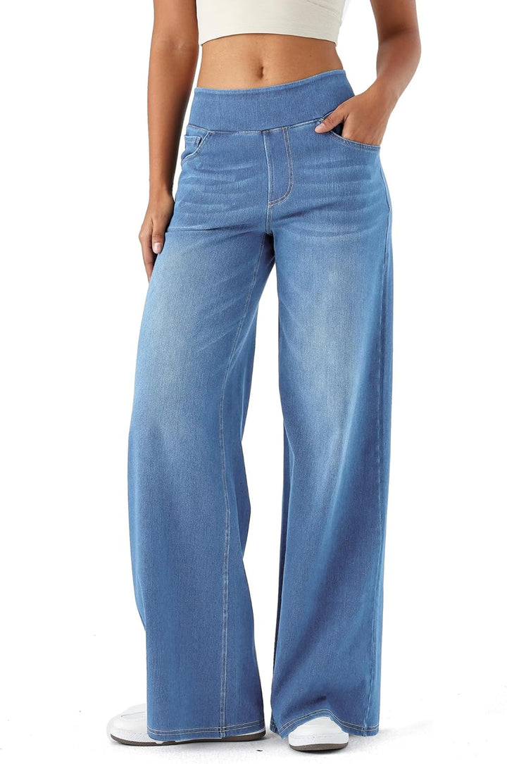 High Waisted Wide Leg Pants for Women Faux Denim Yoga