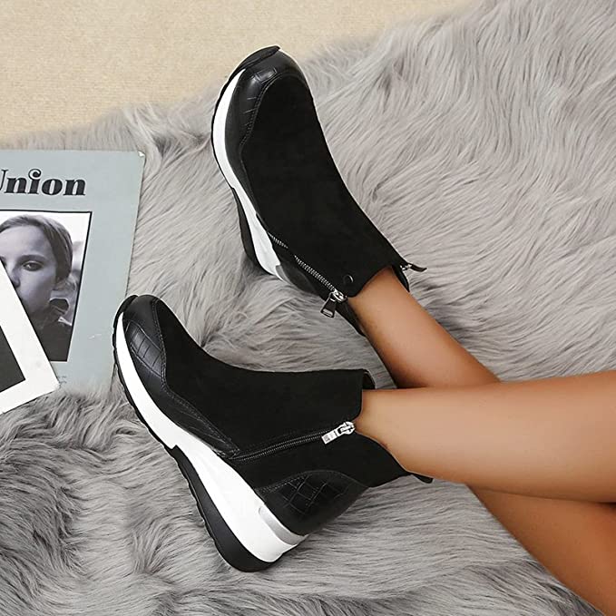 Brown Ankle Boots for Women | Wedge Platform Boots with Side Zipper
