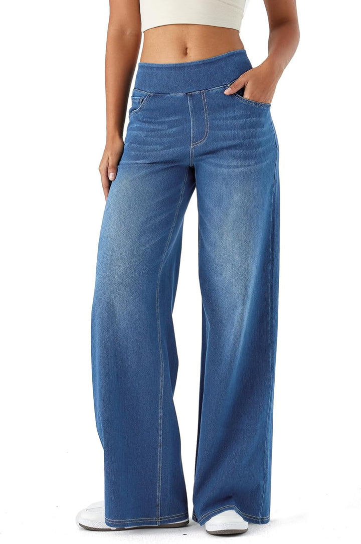 High Waisted Wide Leg Pants for Women Faux Denim Yoga
