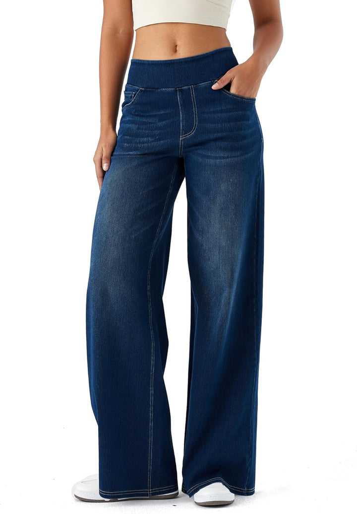 High Waisted Wide Leg Pants for Women Faux Denim Yoga