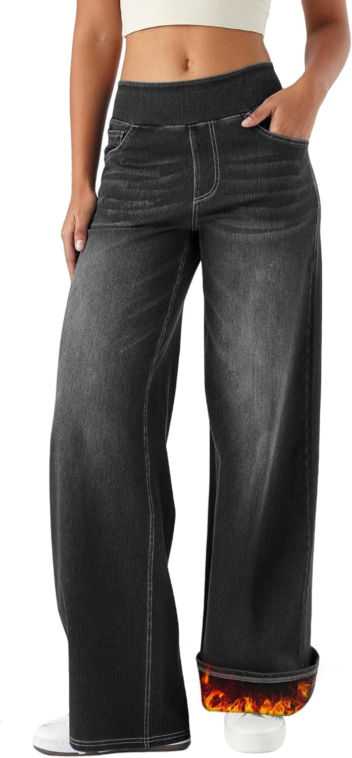 High Waisted Wide Leg Pants for Women Faux Denim Yoga