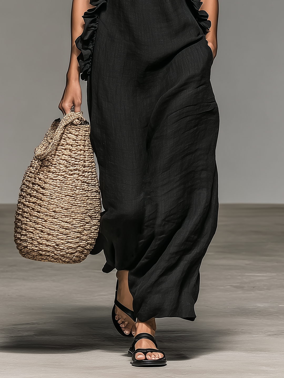 Linen Maxi Dress with Ruffle Detail for Women