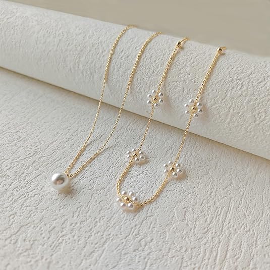 Layered Pearl Necklace with Floral Accent - Gold Statement Jewelry