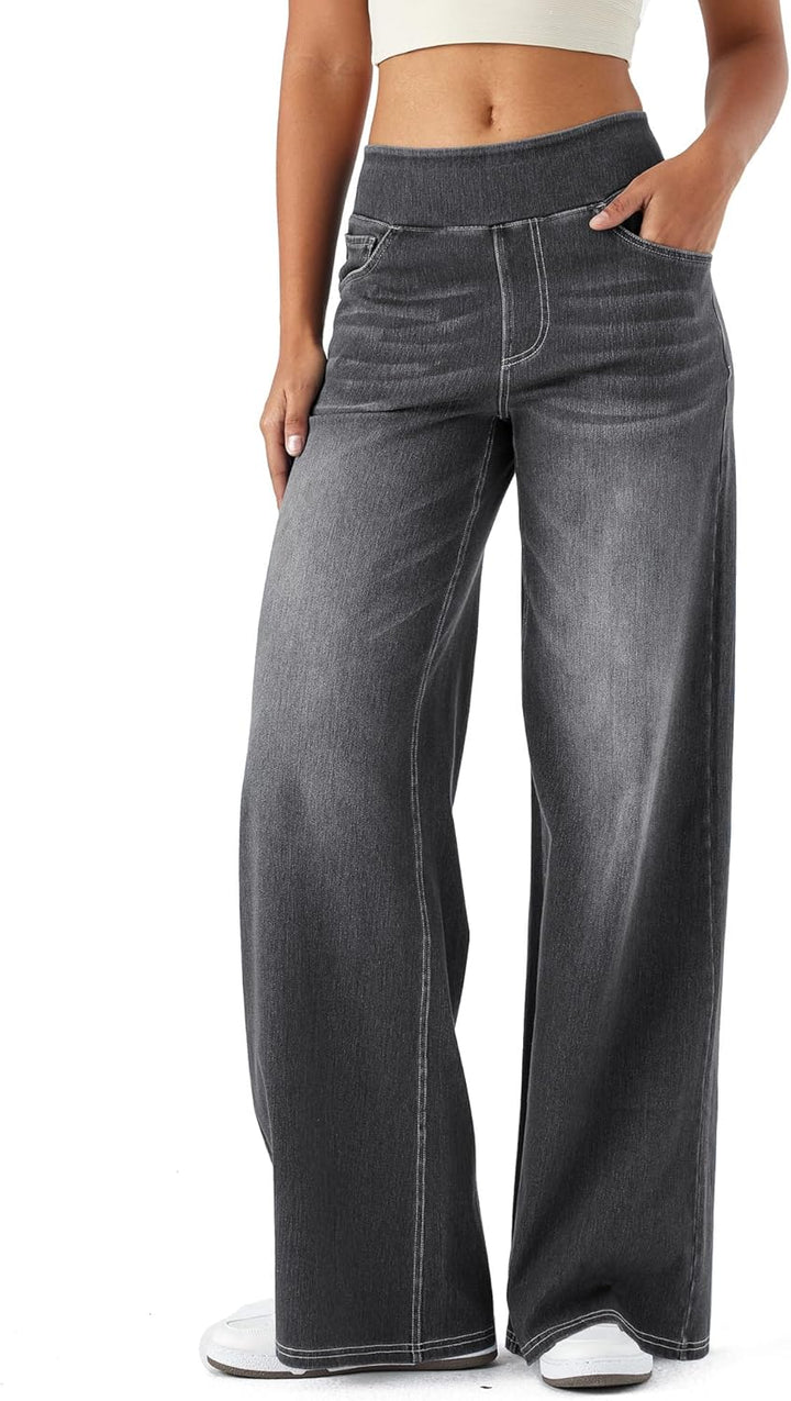 High Waisted Wide Leg Pants for Women Faux Denim Yoga