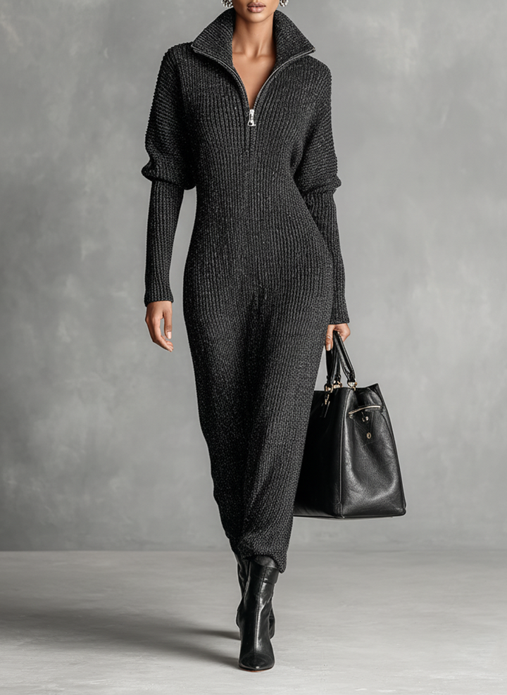 Knitted Maxi Dress with Zipper Neck for Women