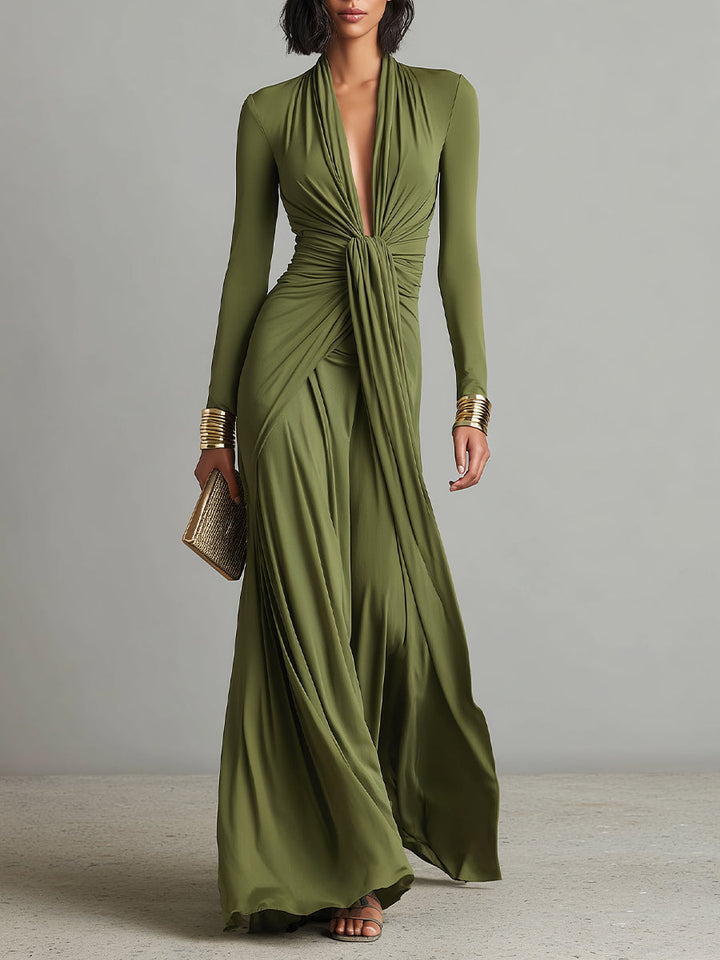 Olive Maxi Dress with Deep V-Neck and Ruched Detail