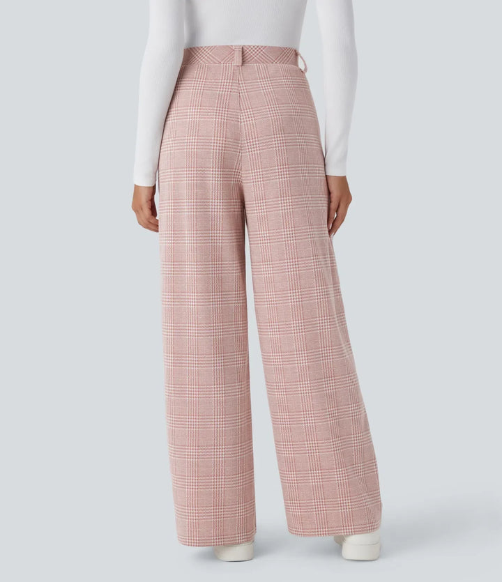 Wide Leg Plaid Pants - High Waisted Houndstooth Trousers