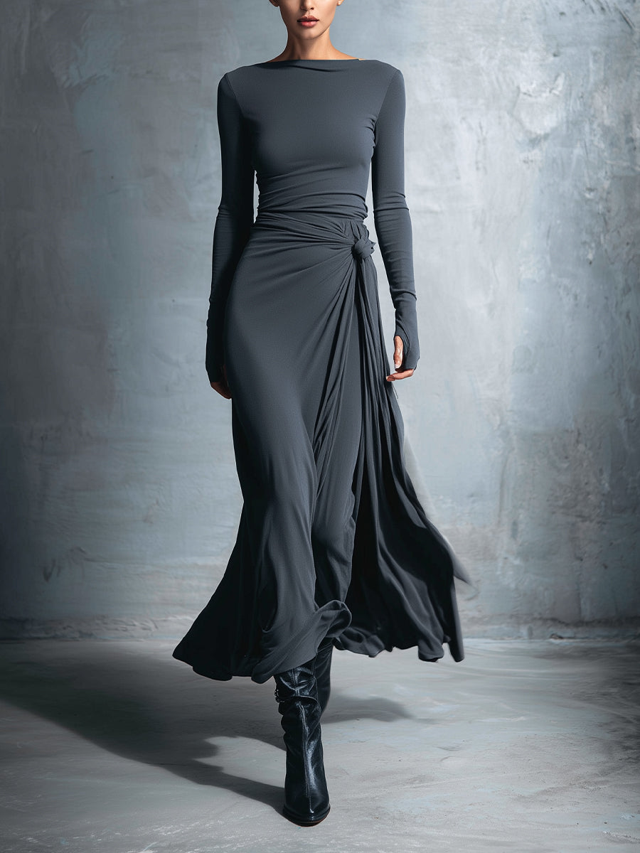 Gray Wrap Maxi Dress with Knot Detail for Women
