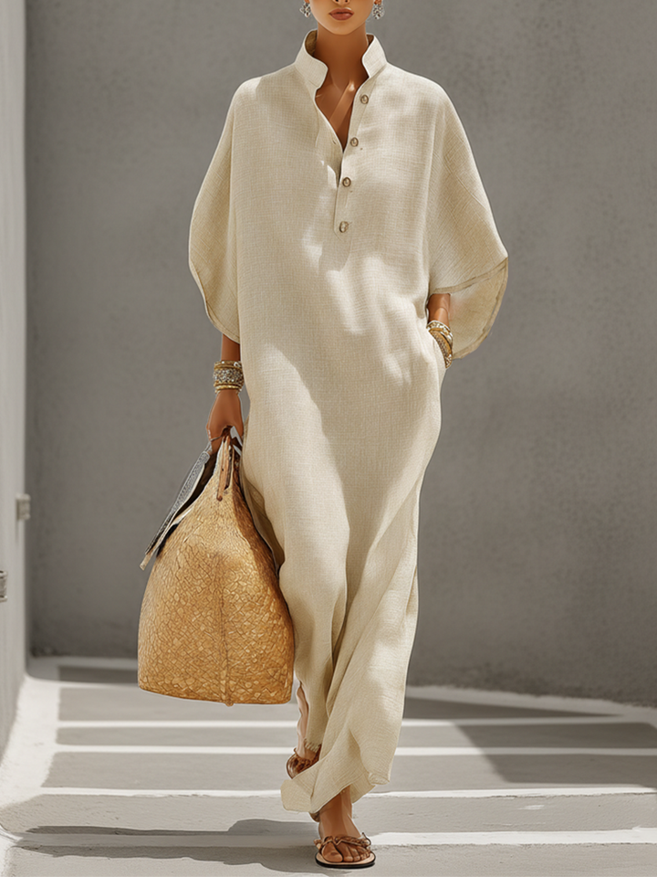 Linen Maxi Dress with Mandarin Collar for Women