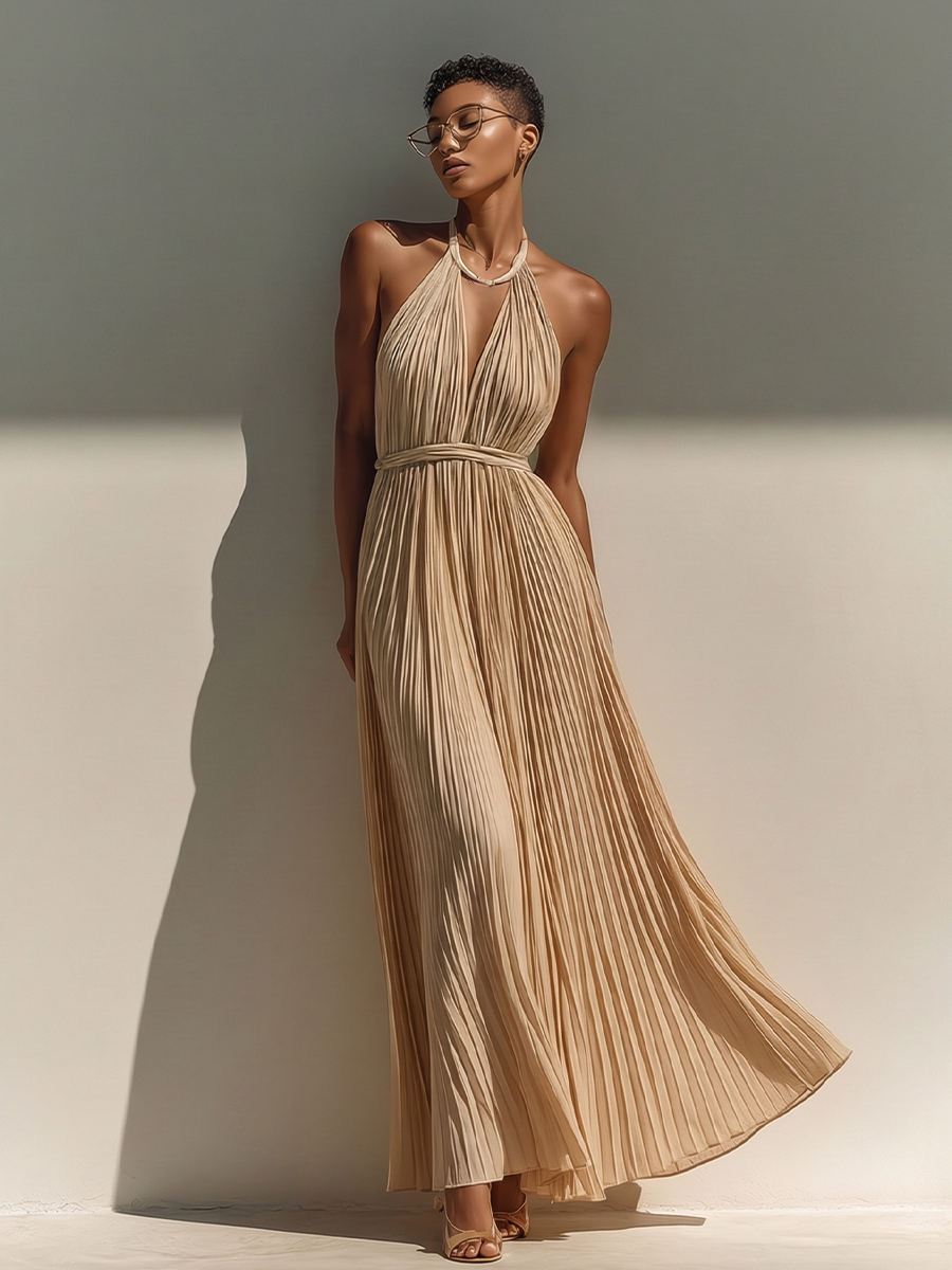 Champagne Pleated Maxi Dress with Halter Neck and Tie Waist