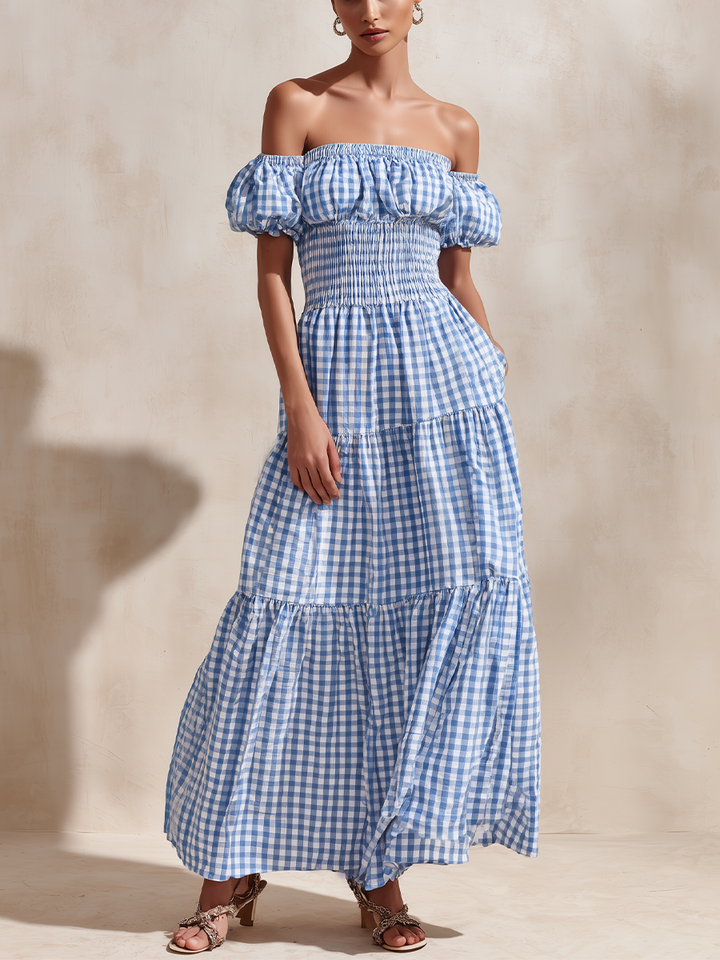 Off-Shoulder Maxi Dress Blue Gingham Tiered Skirt