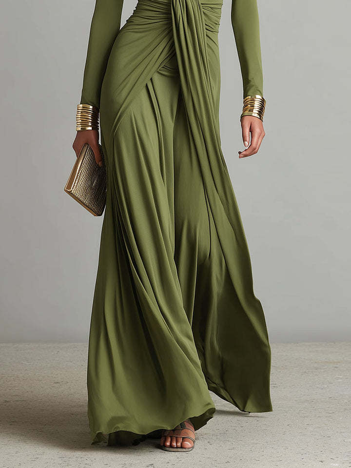 Olive Maxi Dress with Deep V-Neck and Ruched Detail