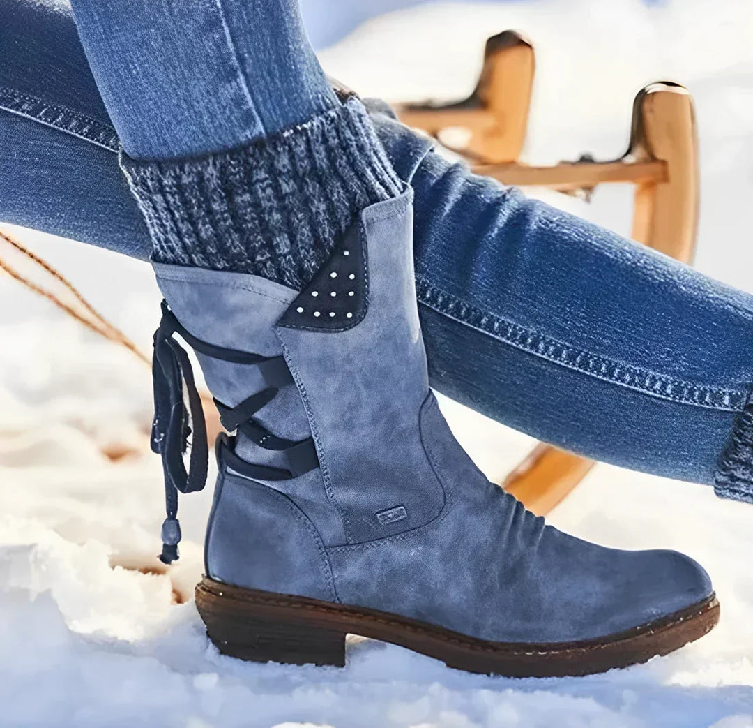 Mid-Calf Suede Winter Boots with Knit Cuff and Lace Up Detail