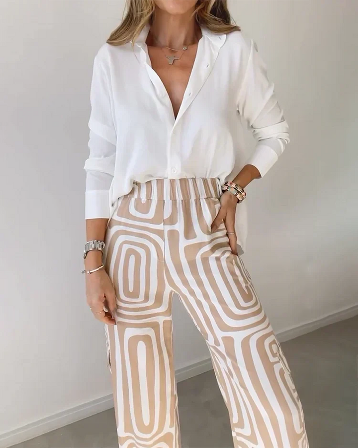 Two Piece Set for Women with Belt - Geometric Print Outfit