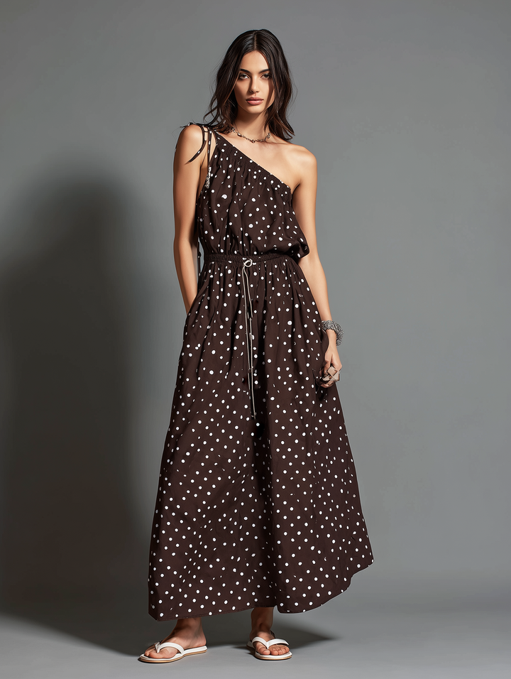 Off Shoulder Maxi Dress - Brown Polka Dot Summer Dress
