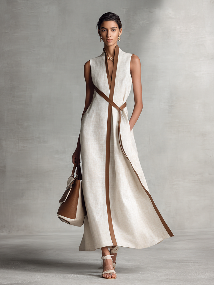 Cotton Linen Maxi Dress with Tie Waist and V-Neck