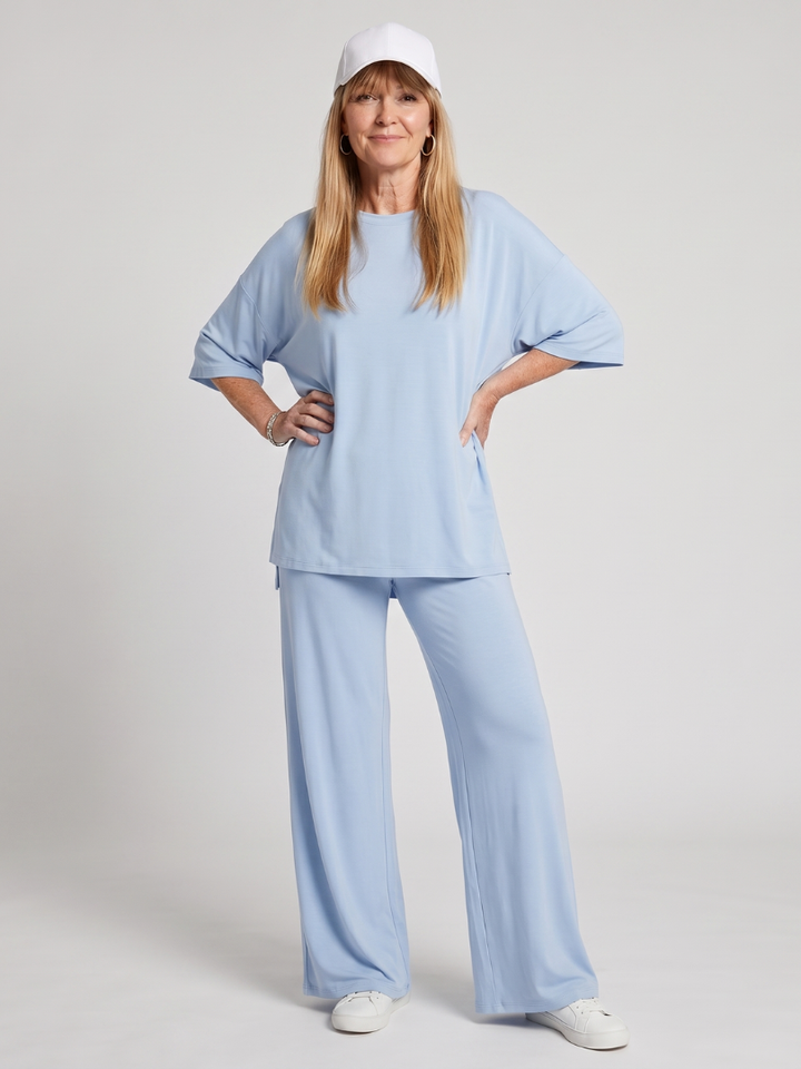 Oversized Two Piece Set - Short Sleeve Top and Wide Leg Pants