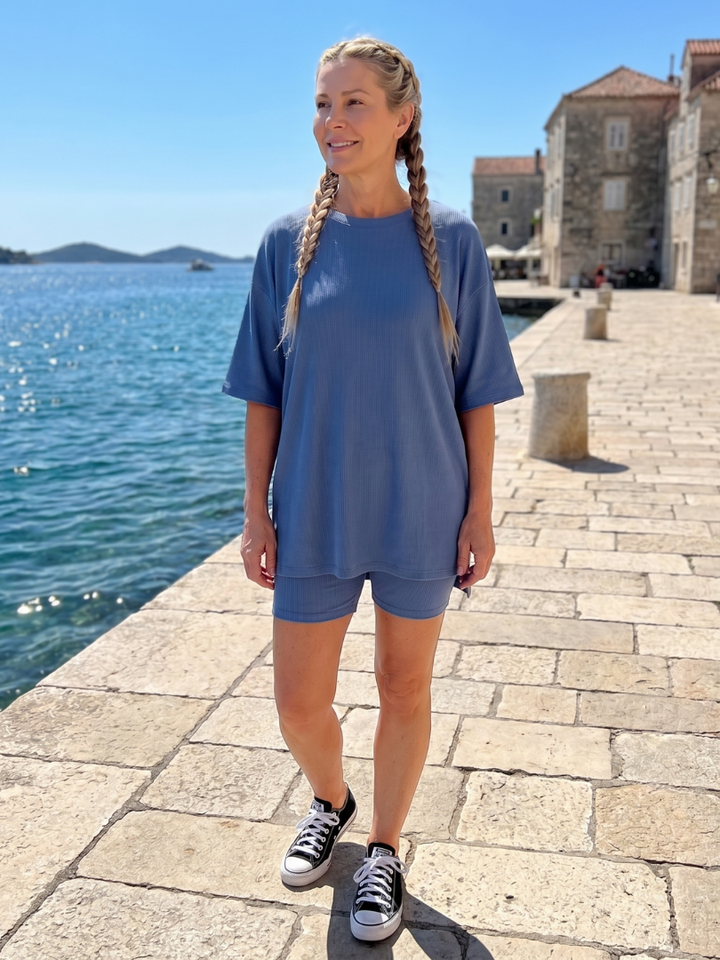 Two Piece Set Crew Neck Top And Biker Shorts Matching Set