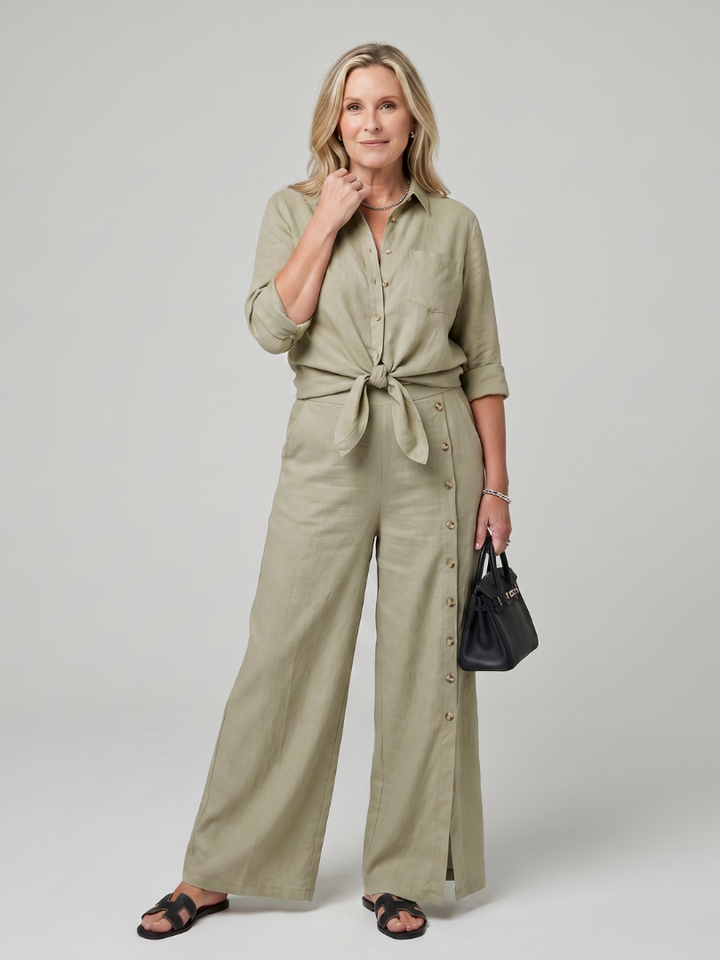 Two Piece Set Long Sleeve Tie Front Top Wide Leg Pants