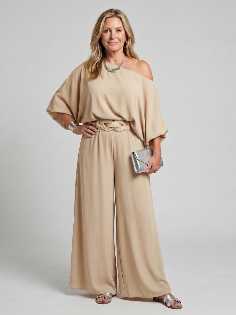 One Shoulder Top and Wide Leg Pants Set for Women