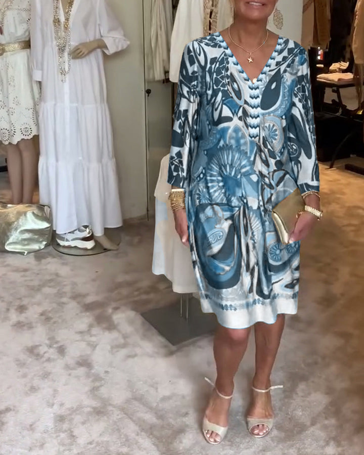 Vintage Print Dress with Short Sleeves for Women