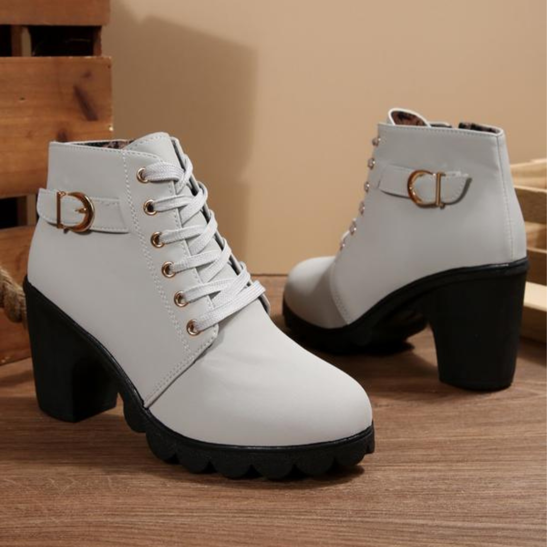 Lace Up Ankle Boots with Buckle Strap and Chunky Block Heel