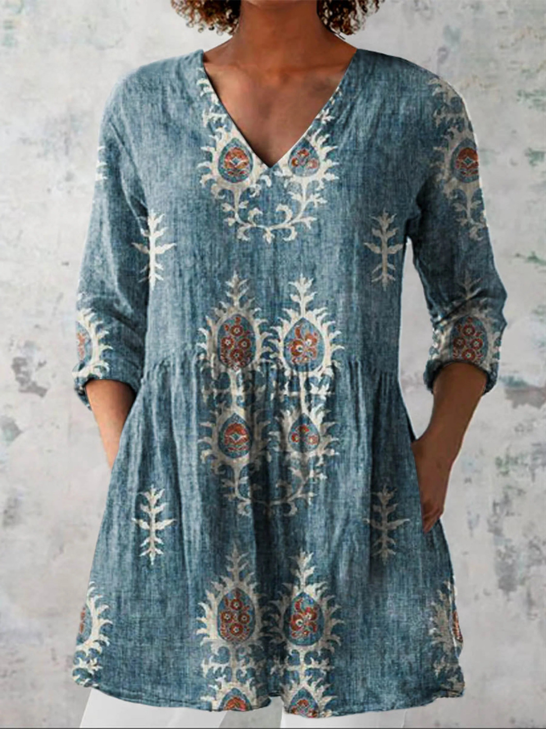 Long V-Neck Blouse for Women - Lightweight Tunic Style Top