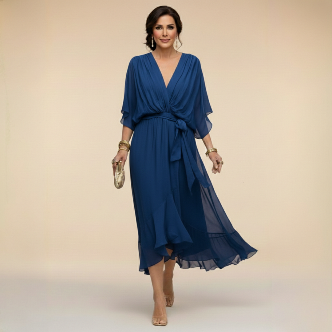 Chiffon V-Neck Dress for Women - Elegant Flowing Midi Dress