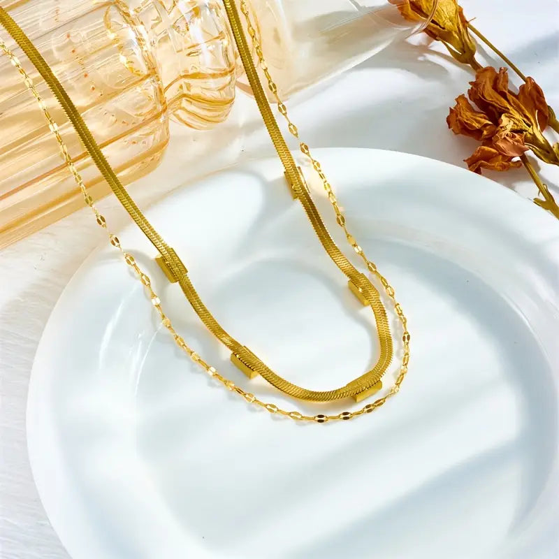 Gold Layered Necklace | Double Chain Retro Statement Jewelry