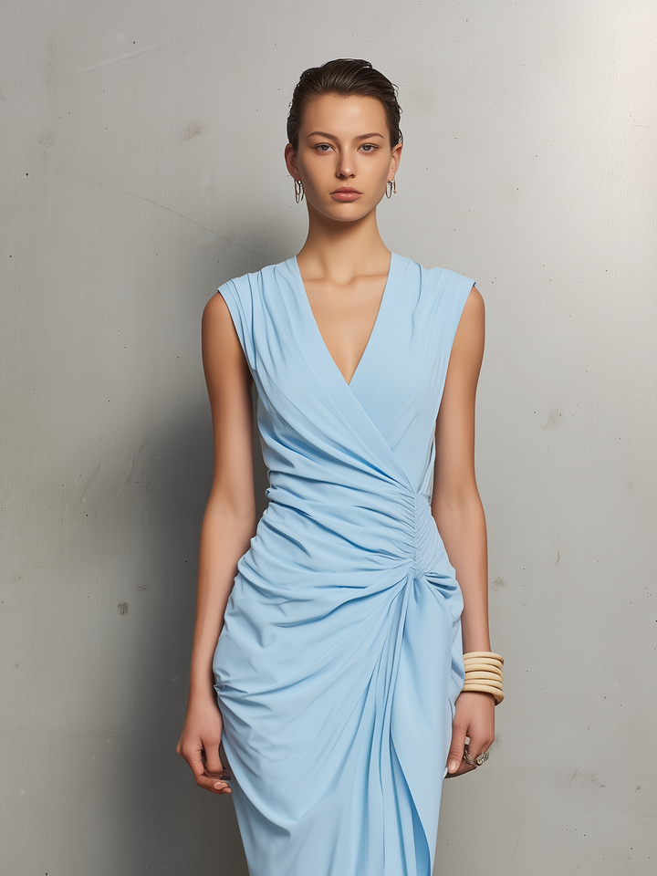 Light Blue Midi Dress - V-Neck Sleeveless Knit Dress