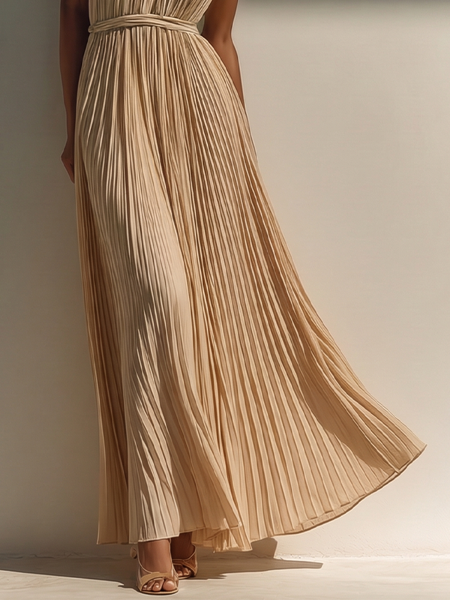 Champagne Pleated Maxi Dress with Halter Neck and Tie Waist