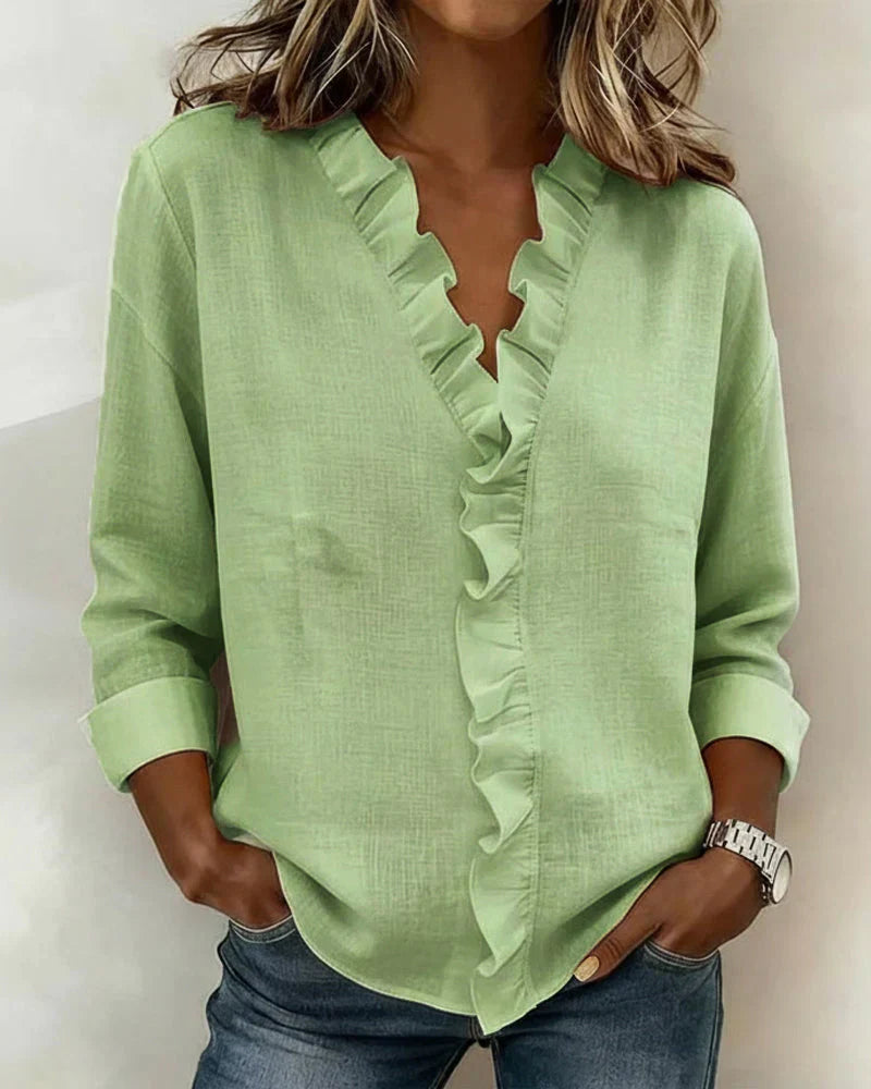 Ruffled V-Neck Blouse with Long Sleeves for Women
