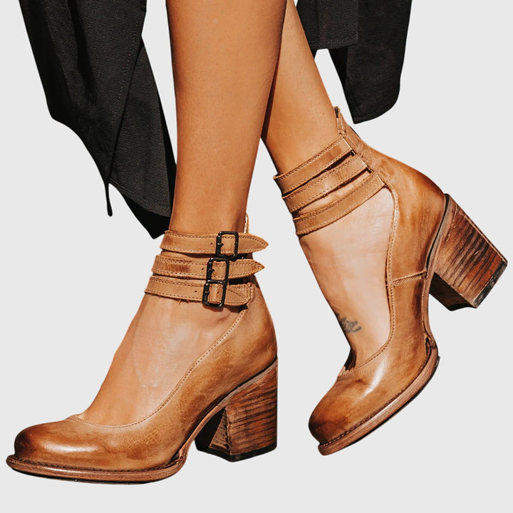 Women's Cutout Ankle Boots with Buckle Straps and Block Heel