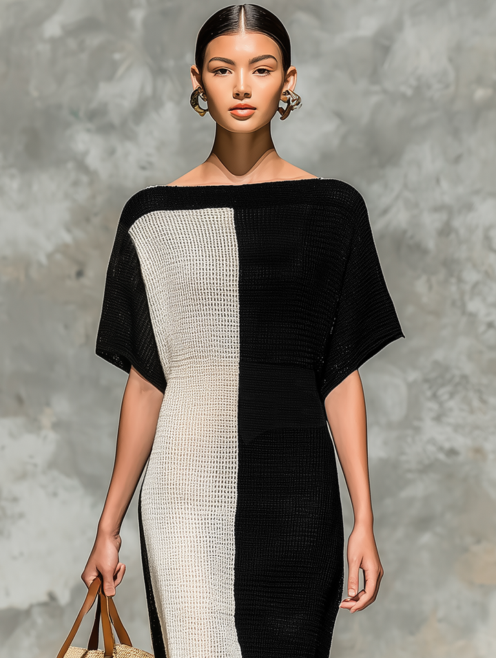 Knit Maxi Dress with Boat Neck and Short Sleeves