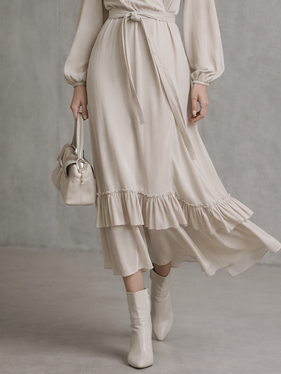Wrap Midi Dress with Ruffled Hem Long Sleeve