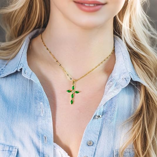 Emerald Cross Pendant Necklace in Gold | Elegant Everyday Jewelry